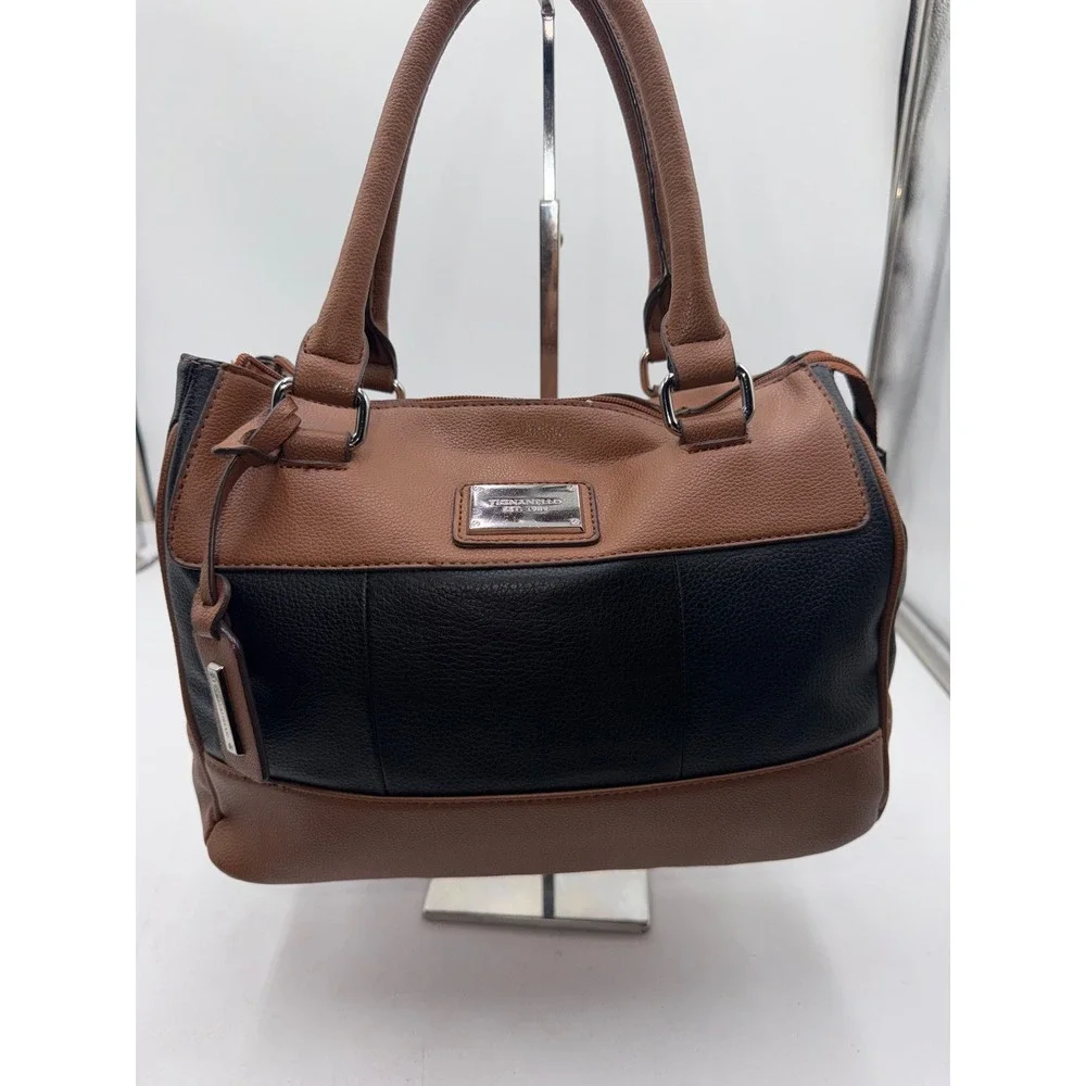 Tignanello Leather Satchel Handbag Brown Black Two Tone Pebbled Zip Top Bag